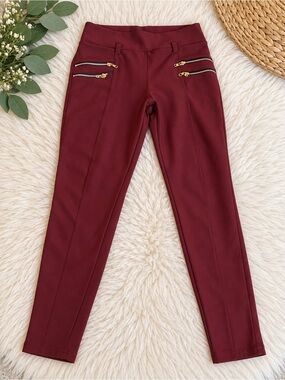Women's Burgundy Ponte Zip-Accent Pants
